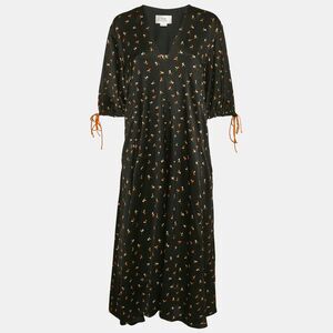 Victoria Victoria Beckham Black Floral Print Textured Crepe Midi Dress L